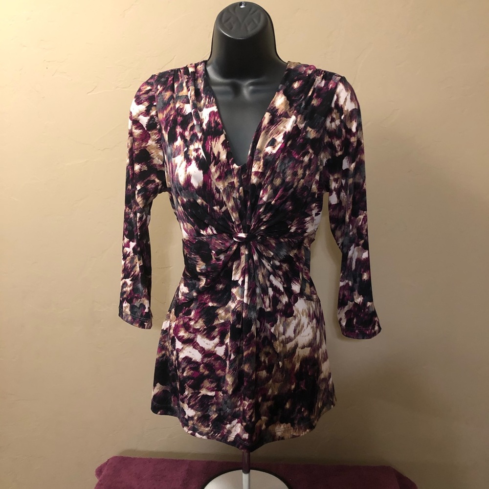 Daisy Fuentes Purple Black Cream Print Twist-Front Blouse